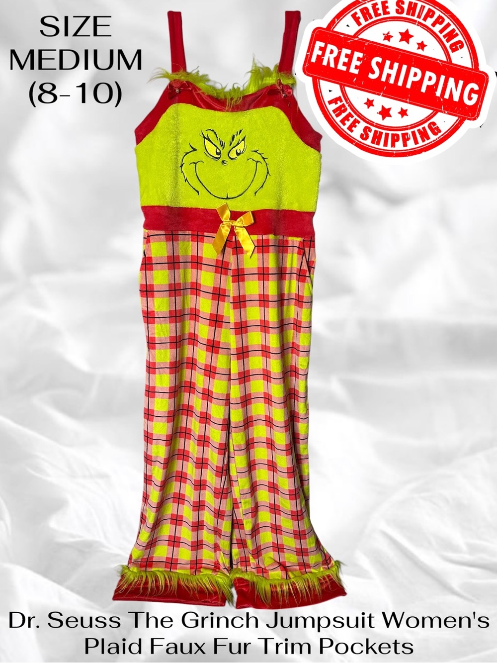 Dr Seuss The Grinch Jumpsuit Women's Medium (8-10) Plaid Faux Fur Trim Pockets